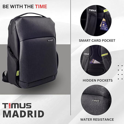 Promotional image of the Timus Madrid Backpack highlighting its features—smart card pocket, hidden pockets, and water resistance—alongside the backpack’s sleek design and the tagline "BE WITH THE TIME."