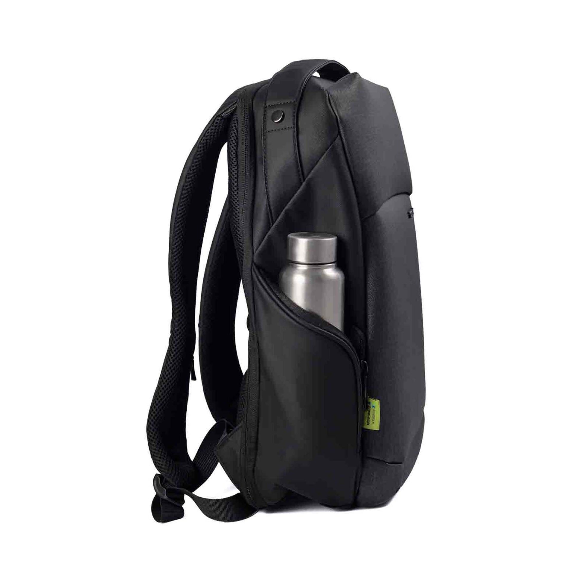 Right side view of the black Madrid Laptop Backpack by Timus, featuring a zippered side pocket holding a metal water bottle with brand tag and padded shoulder straps for comfort.