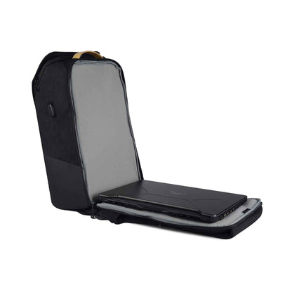Open view of black Timus Magnet Overnighter professional backpack showing fully unzipped main compartment with padded interior laptop sleeve containing a laptop, and spacious inner lining against a white background.