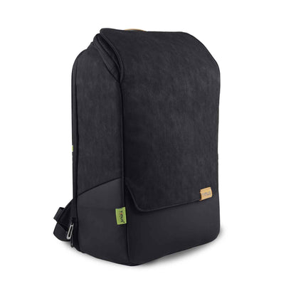 Right front angled view of the black Timus Magnet Overnighter backpack, showing its sleek design with a flap cover and textured fabric with brand tag at bottom.