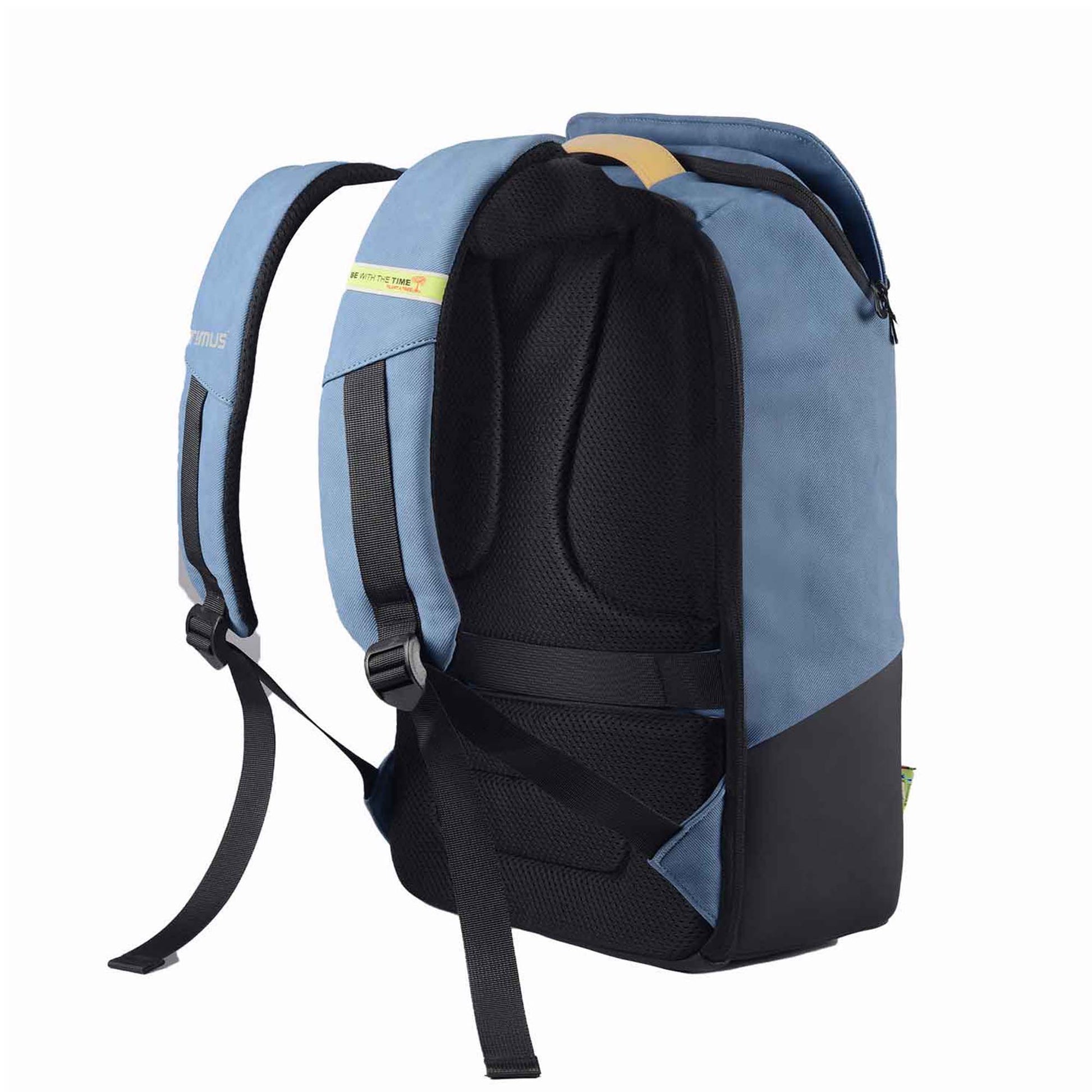 Back right angled view of the Timus Magnet Overnighter backpack in blue showing padded shoulder straps, black mesh back padding, adjustable straps, and tan leather handle.