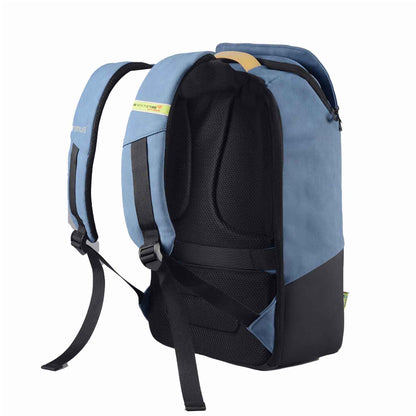 Back right angled view of the Timus Magnet Overnighter backpack in blue showing padded shoulder straps, black mesh back padding, adjustable straps, and tan leather handle.