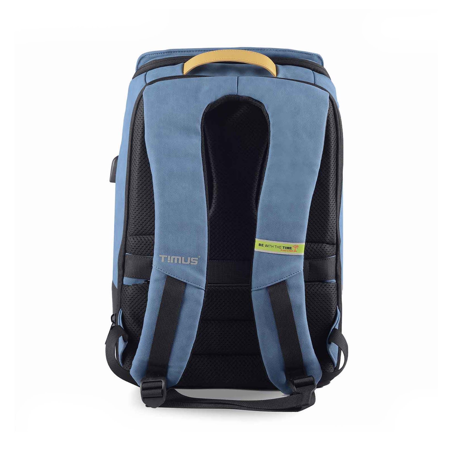 Back view of the Timus Magnet Overnighter backpack in blue showing padded shoulder straps with Timus logo and green tagline, black mesh back panel, and tan leather handle.