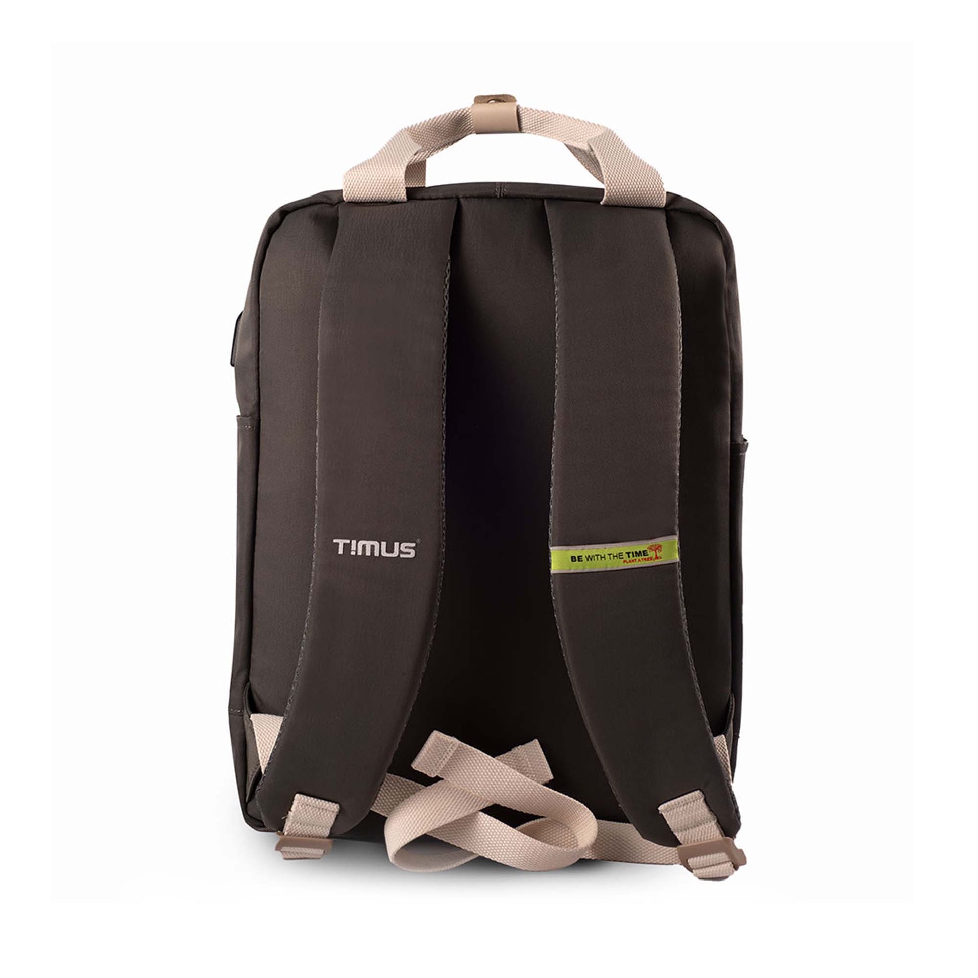 Backside view of Timus Miami black urban backpack showing padded shoulder straps with brand name and 'Be With The Time' label.