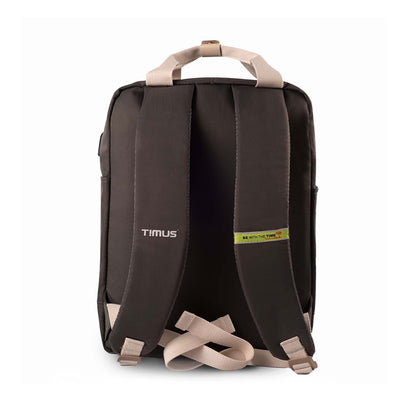 Backside view of Timus Miami black urban backpack showing padded shoulder straps with brand name and 'Be With The Time' label.