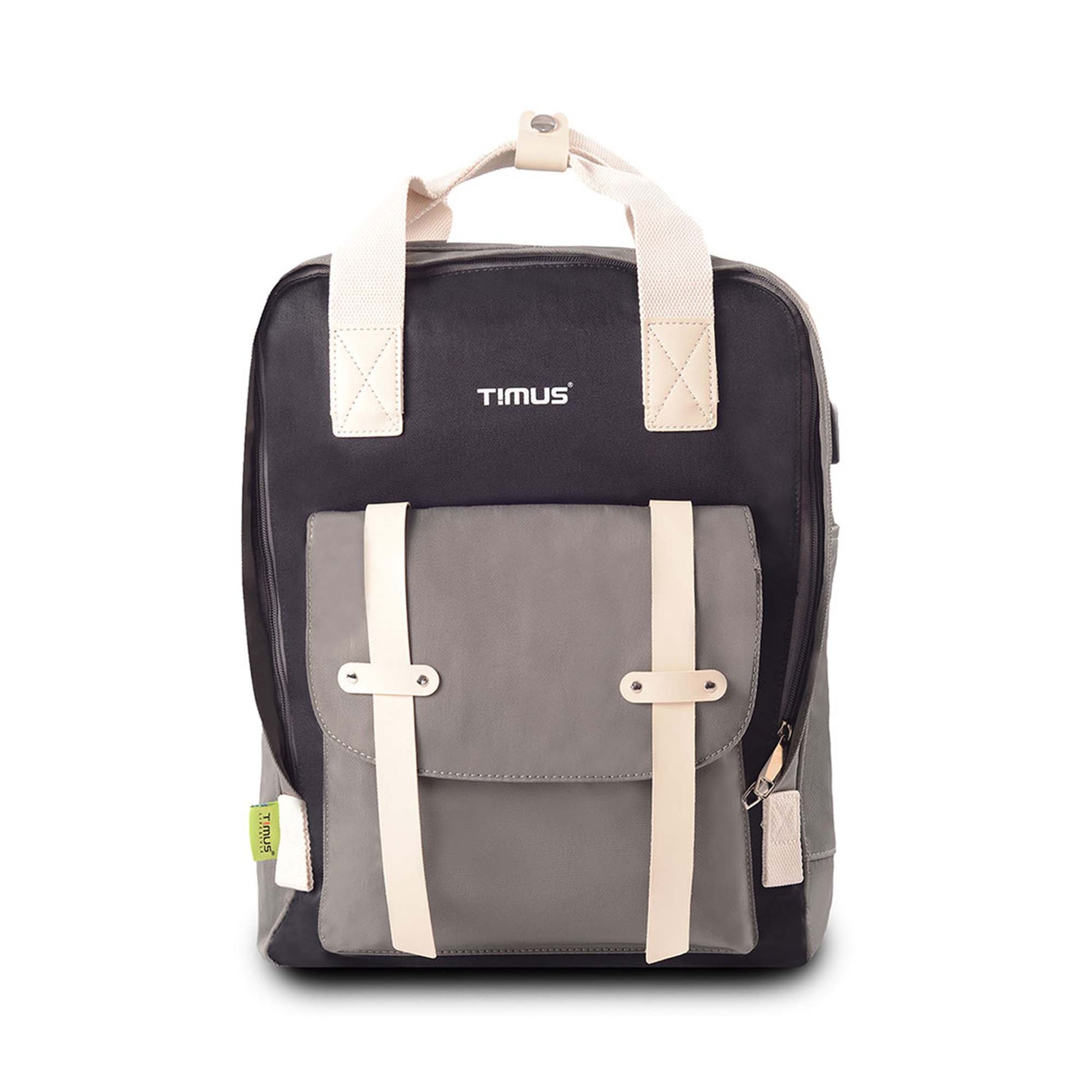 Front view of the Timus Miami black urban backpack with grey front pocket, beige straps, and visible brand logo on the top panel.