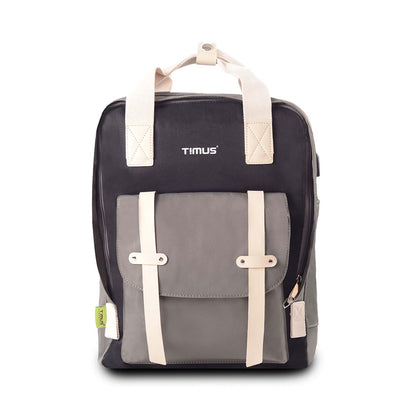 Front view of the Timus Miami black urban backpack with grey front pocket, beige straps, and visible brand logo on the top panel.
