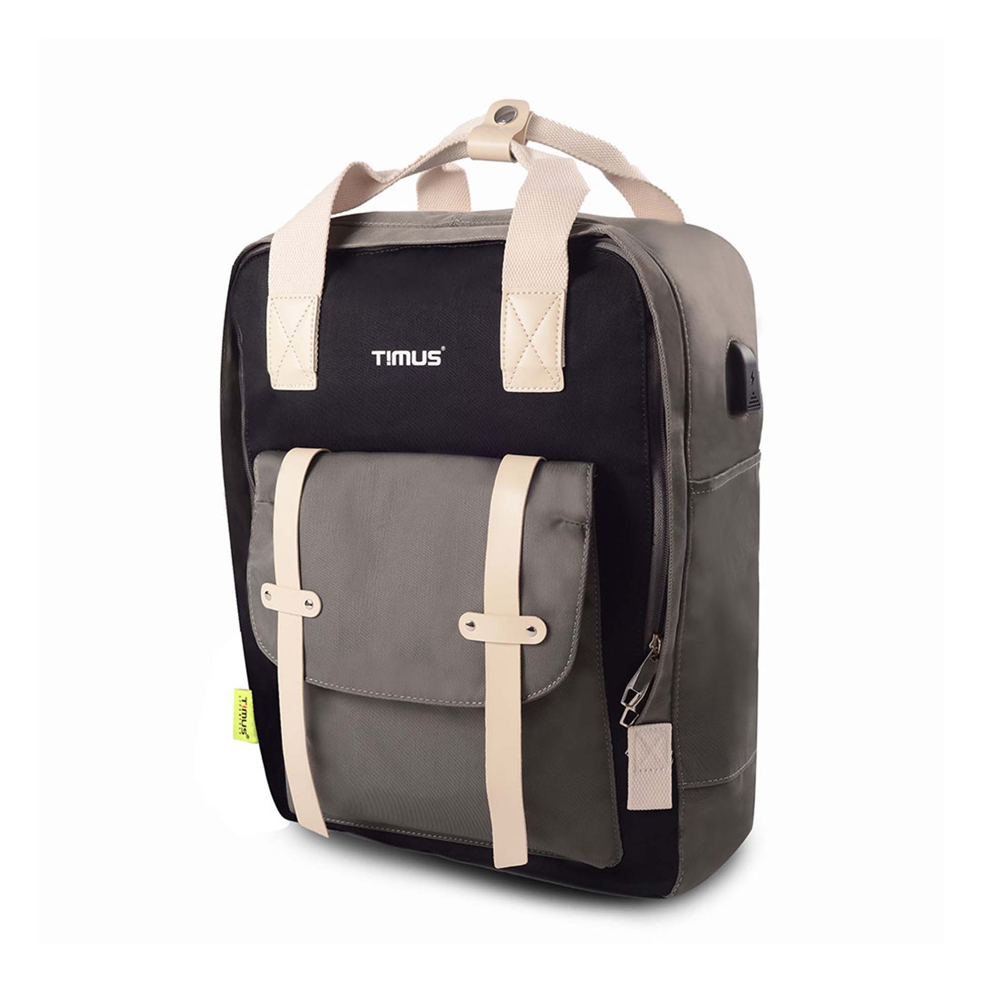 Left front angled view of the Timus Miami black urban backpack featuring a grey front pocket with beige straps, closed zipper for main compartment, visible USB charging port and timus brand logo at front.