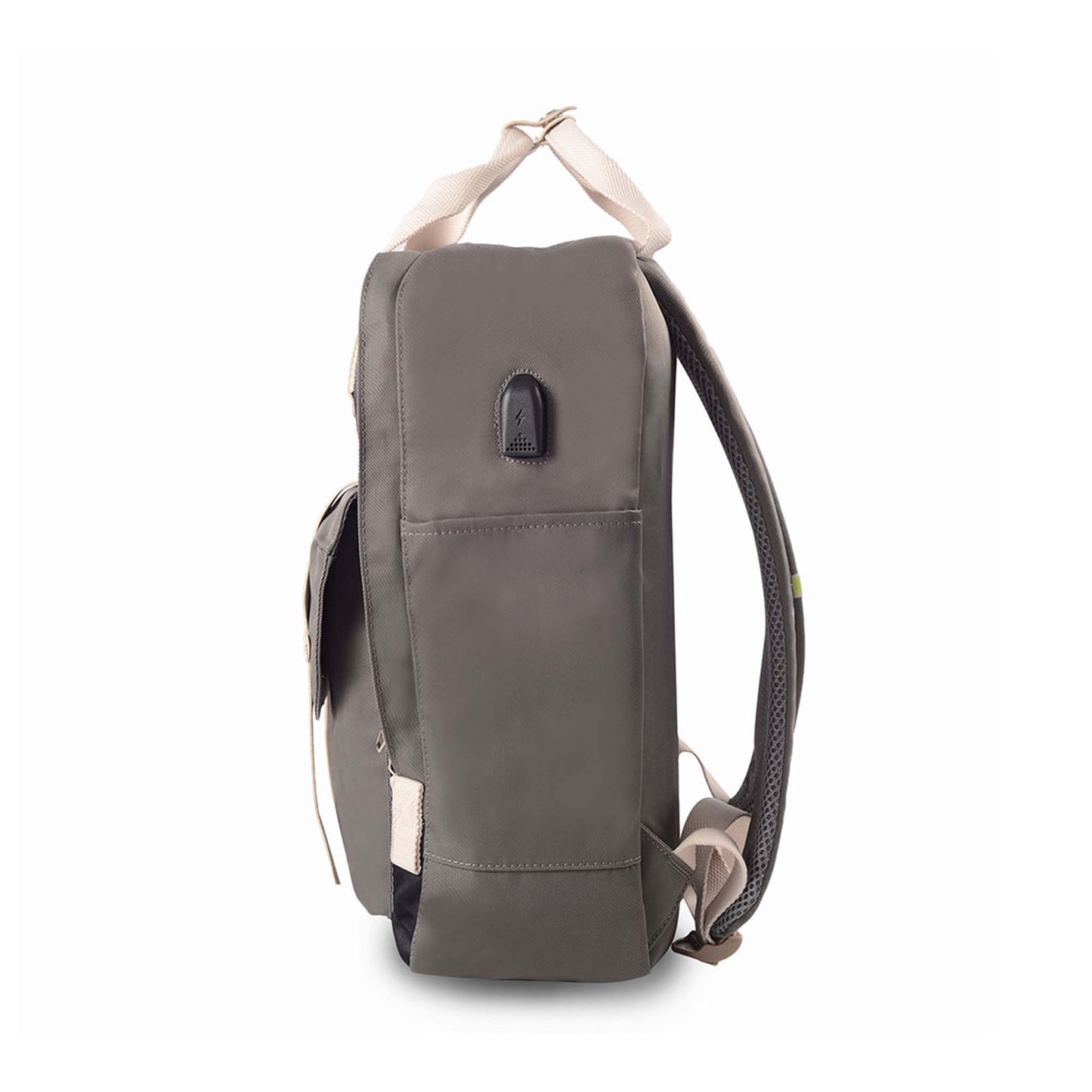 Left side view of Timus Miami black urban backpack featuring USB charging port, side pocket, top handle and padded shoulder straps.
