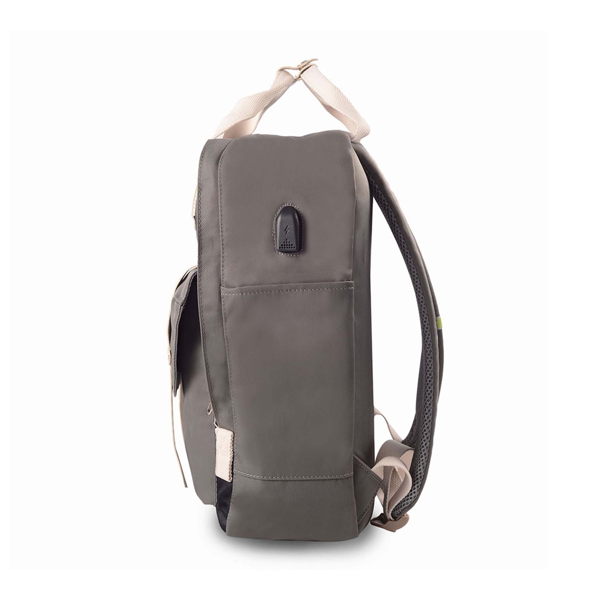 Left side view of Timus Miami black urban backpack featuring USB charging port, side pocket, top handle and padded shoulder straps.
