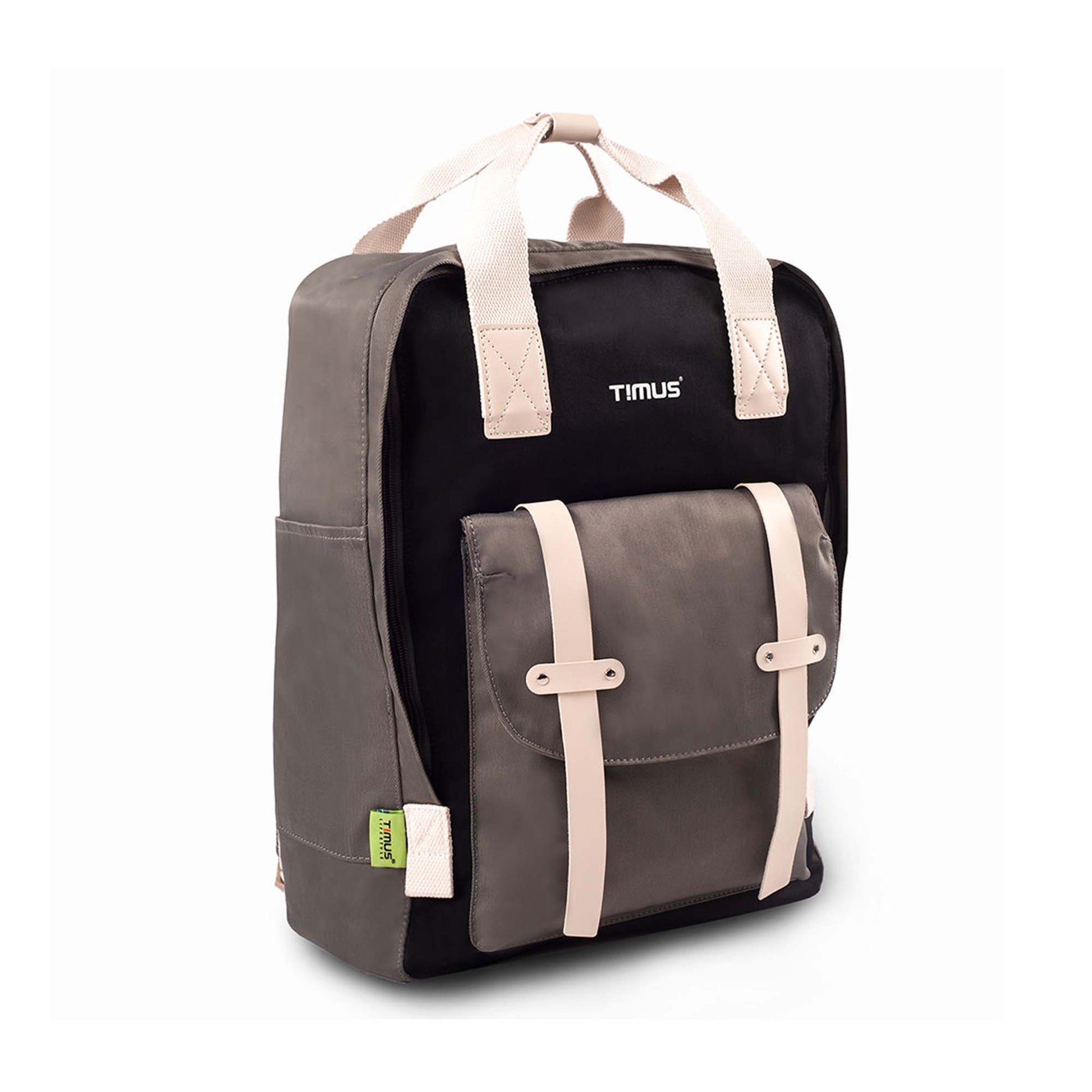 Right angled front view of Timus Miami black urban backpack showing grey front pocket with beige straps, side pocket, top handle and timus tag at the bottom.