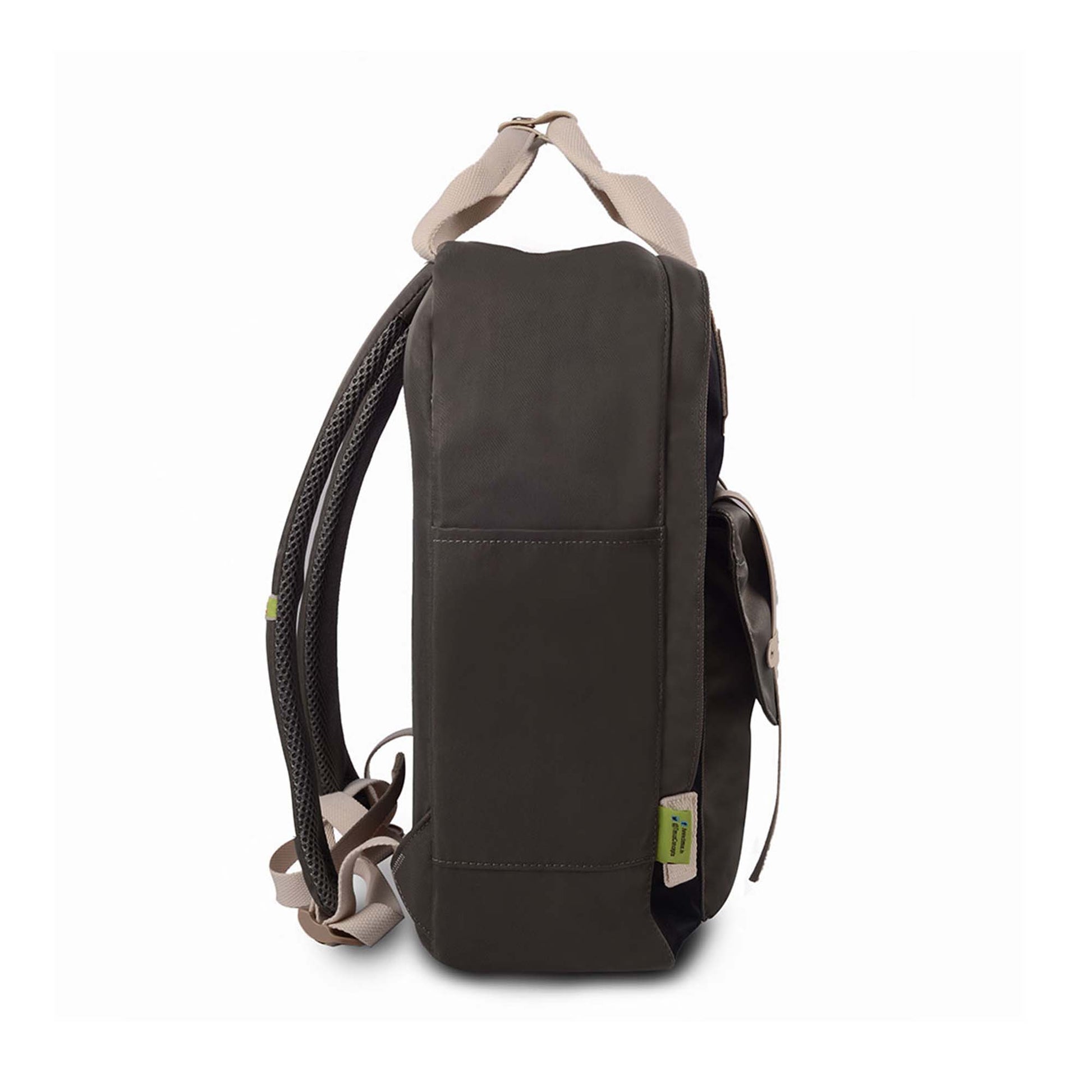Right side view of Timus Miami black urban backpack showing side pocket, padded shoulder straps, top handle and timus tag in green at the bottom.