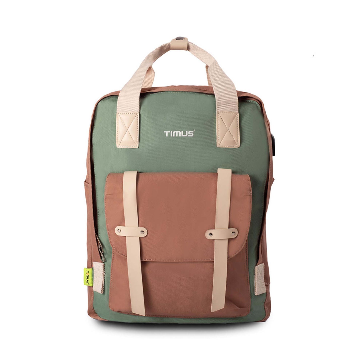 Front view of Timus Miami urban backpack in mint green and brown, featuring top carry handles, cream faux leather buckle straps over a large front pocket, and a white Timus logo on the upper front panel.