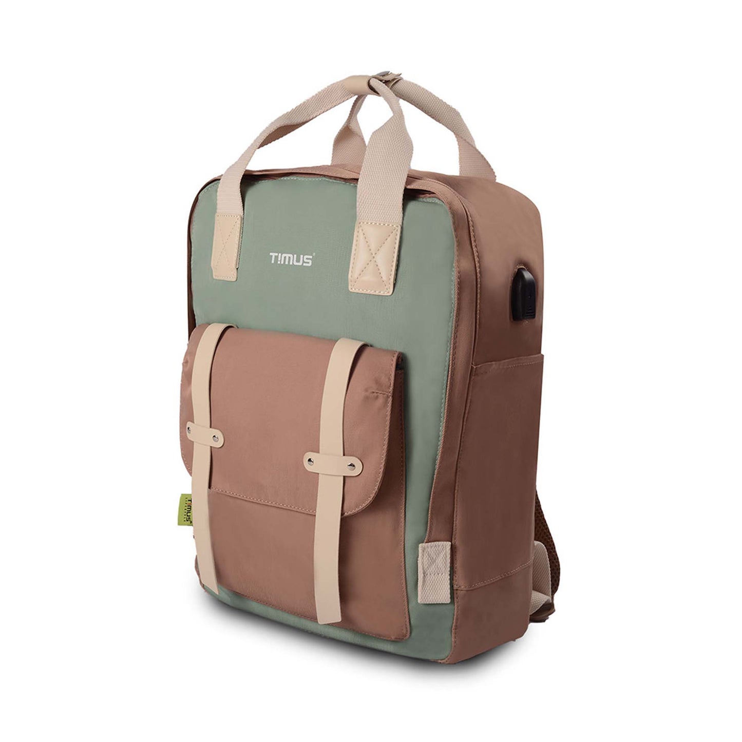 Left front angled view of Timus Miami mint green and brown urban backpack with front pocket buckled up, top handle, USB port and side pocket.

