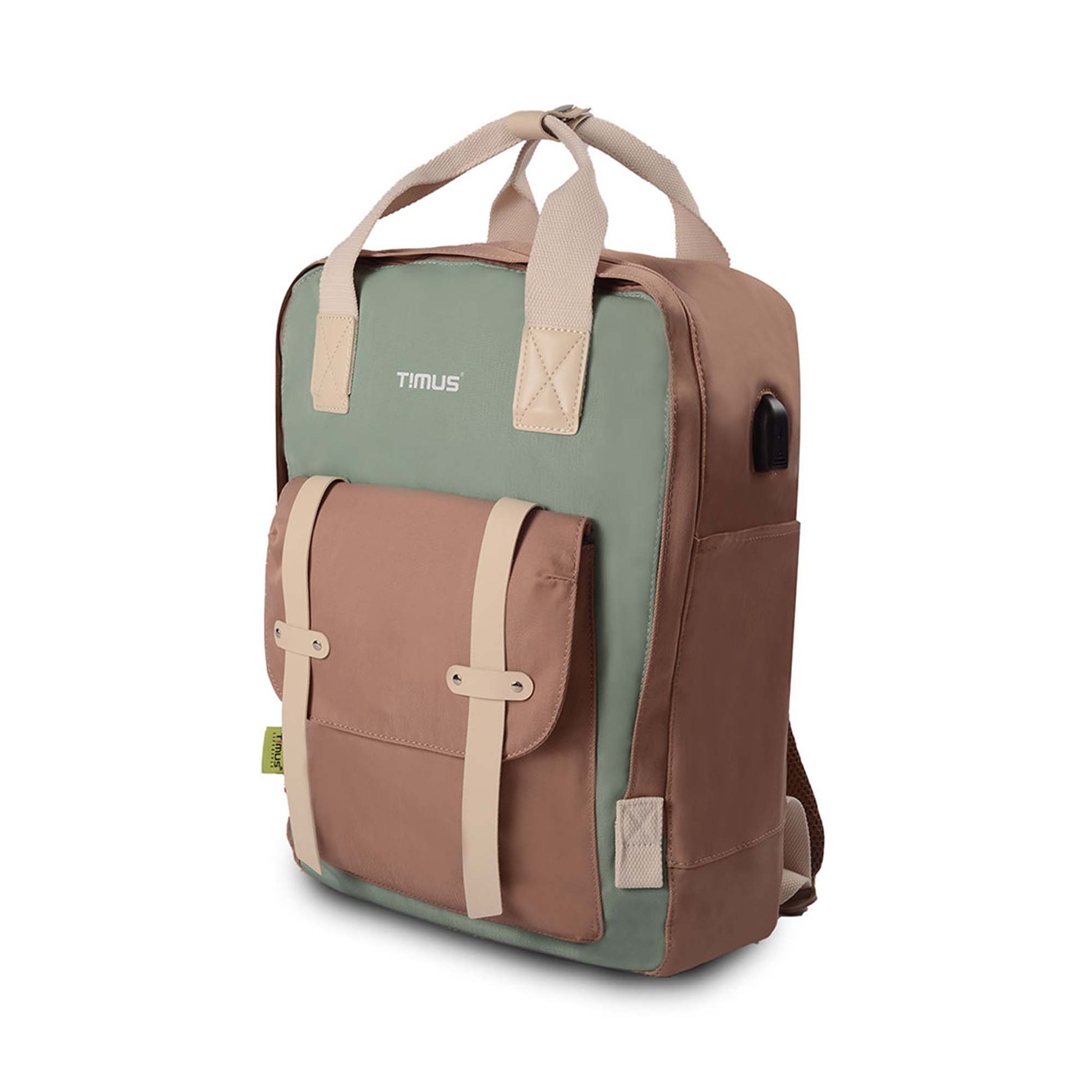 Left front angled view of Timus Miami mint green and brown urban backpack with front pocket buckled up, top handle, USB port and side pocket.
