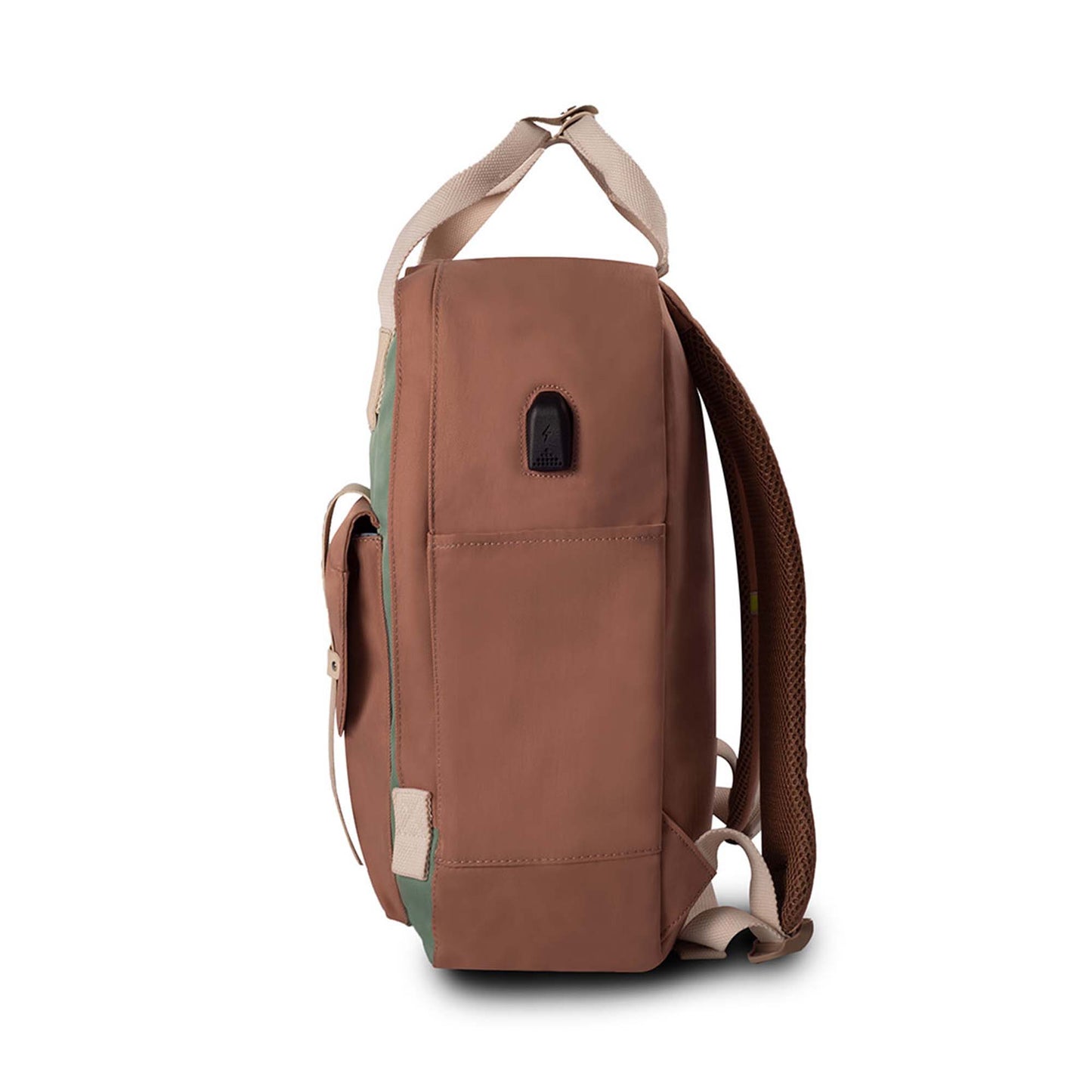 Left side view of Timus Miami urban backpack in mint green and brown, featuring beige top carry handle, brown mesh-padded shoulder strap, side pocket, and a black USB charging port on the upper section.