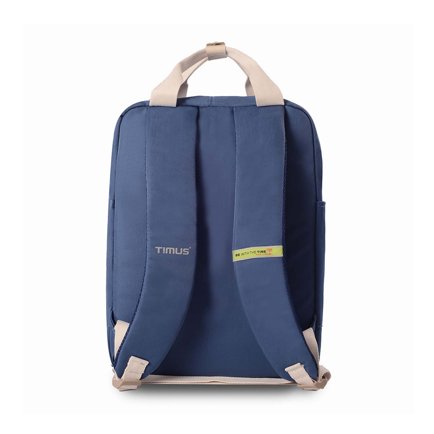 Backside view of Timus Miami navy blue urban backpack showing cream top handle, padded shoulder straps with brand name and 'Be With The Time' label.
