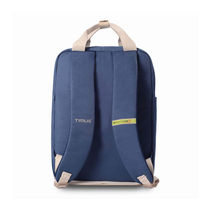 Backside view of Timus Miami navy blue urban backpack showing cream top handle, padded shoulder straps with brand name and 'Be With The Time' label.
