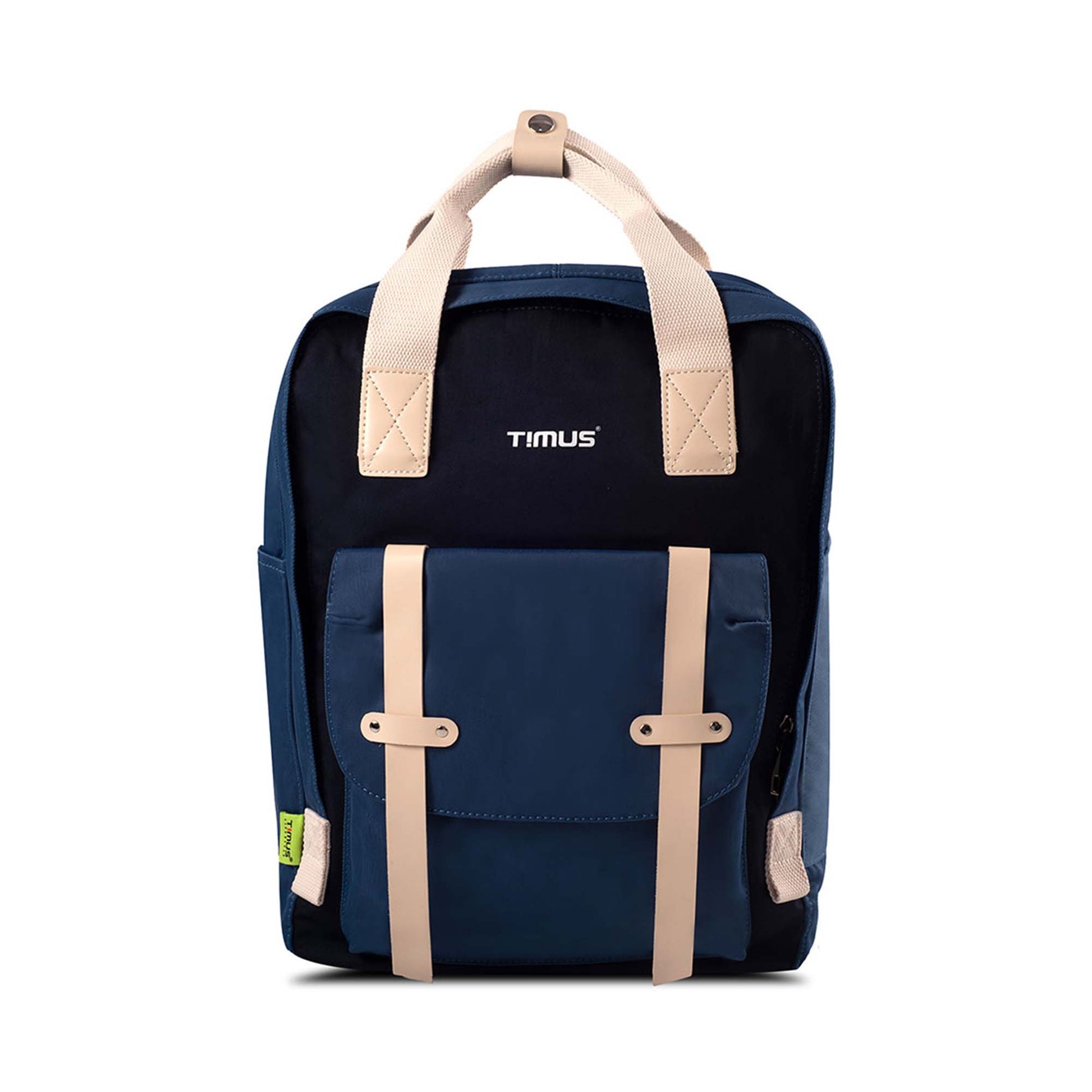 Front view of Timus Miami navy blue urban backpack featuring cream handles and buckled straps on front pocket and timus brand logo on top.
