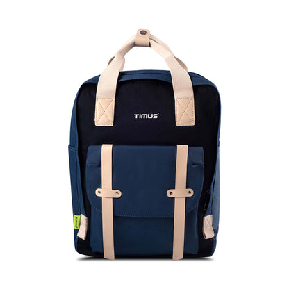 Front view of Timus Miami navy blue urban backpack featuring cream handles and buckled straps on front pocket and timus brand logo on top.
