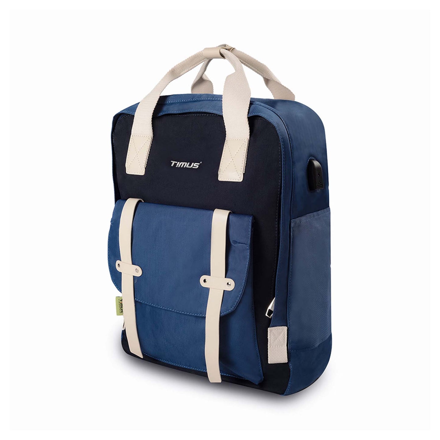 Left front angled view of Timus Miami navy blue urban backpack with front pocket buckled up by cream straps, USB charging port, side pocket, top handle for carrying and timus brand logo at front.