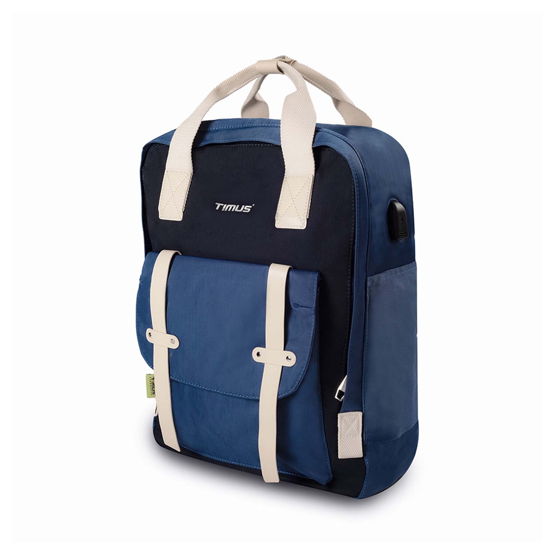 Left front angled view of Timus Miami navy blue urban backpack with front pocket buckled up by cream straps, USB charging port, side pocket, top handle for carrying and timus brand logo at front.