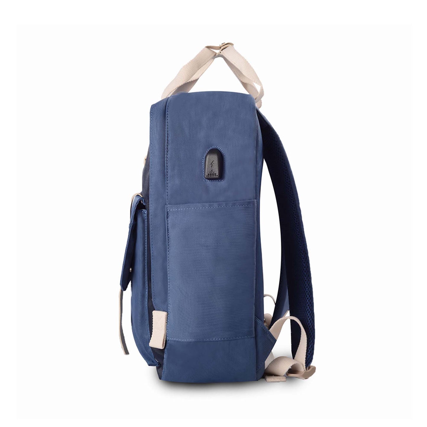 Left side view of Timus Miami navy blue urban backpack featuring USB port, top handle, padded shoulder straps and side pocket.
