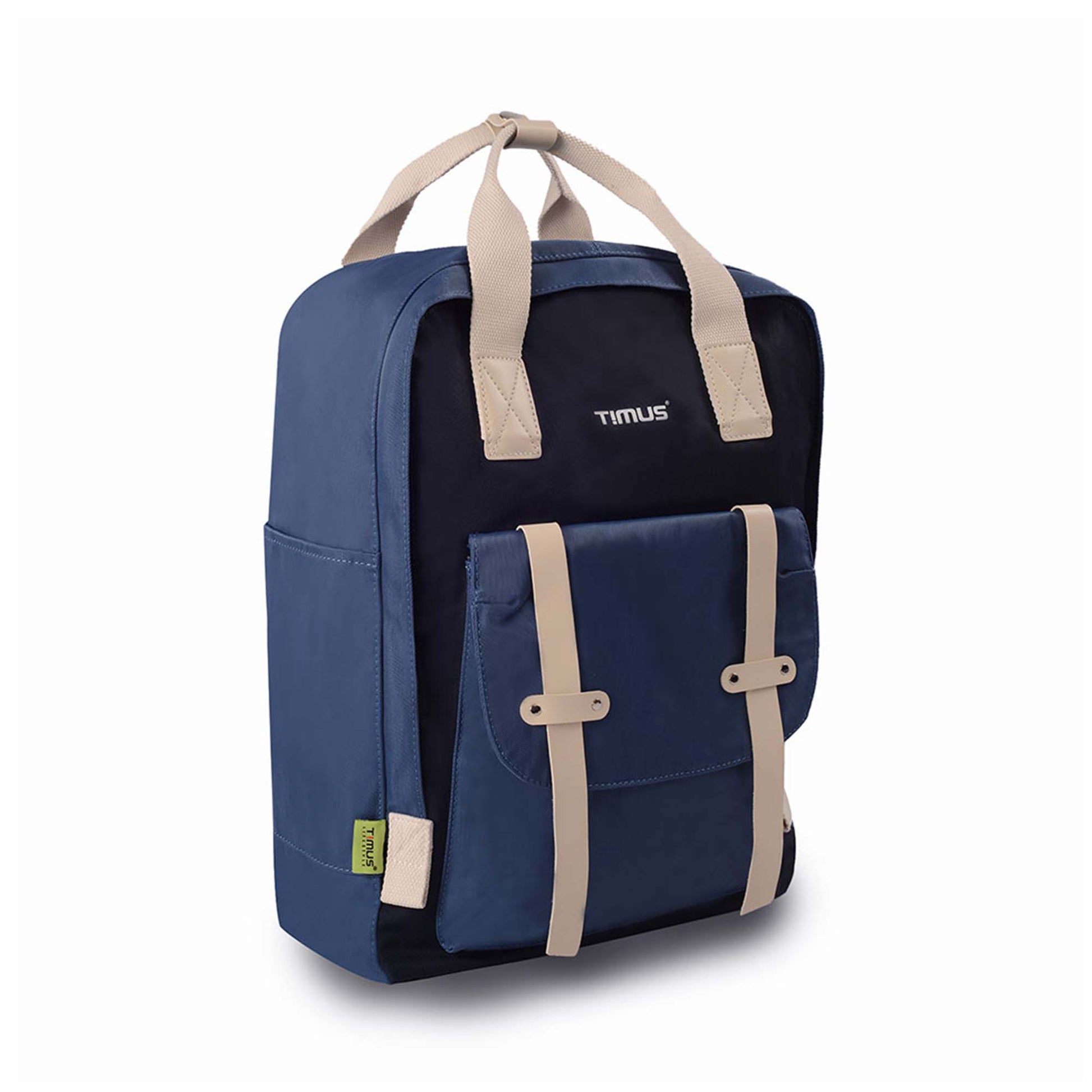 Right front angled view of Timus Miami navy blue urban backpack with cream top handles and buckled straps on front pocket and side pocket with green timus tag.
