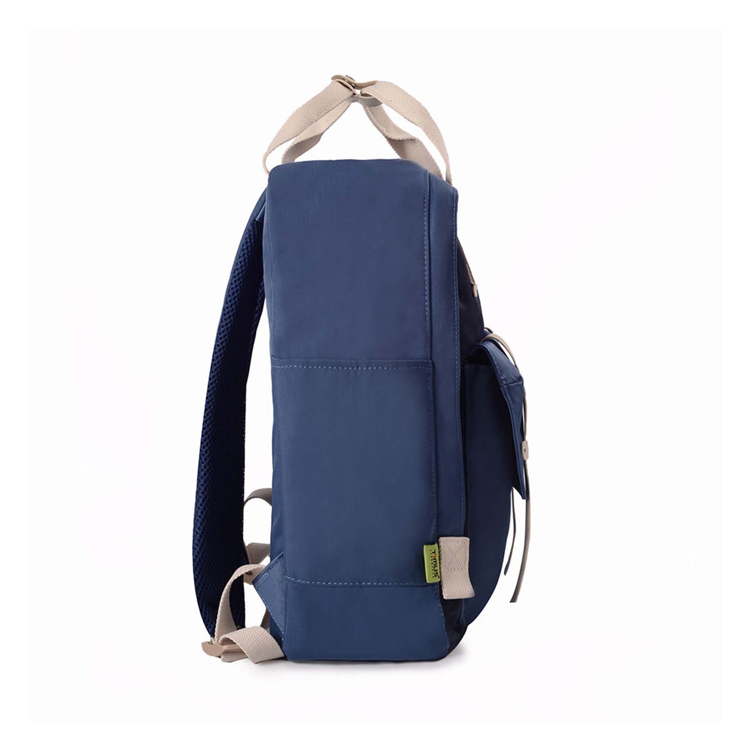 Right side view of Timus Miami navy blue urban backpack showing padded shoulder straps, top cream handle and side pocket with green timus tag at bottom.