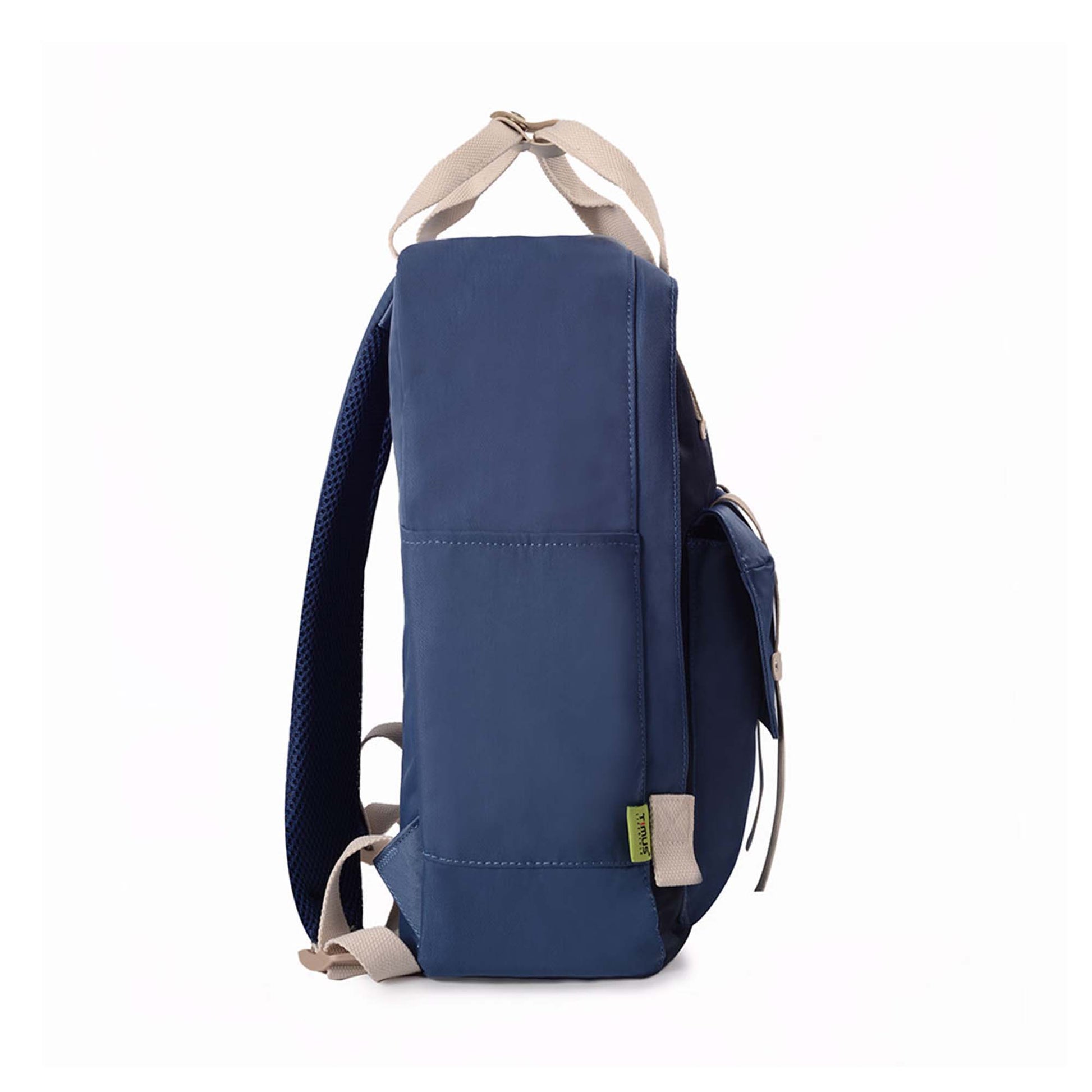 Right side view of Timus Miami navy blue urban backpack showing padded shoulder straps, top cream handle and side pocket with green timus tag at bottom.