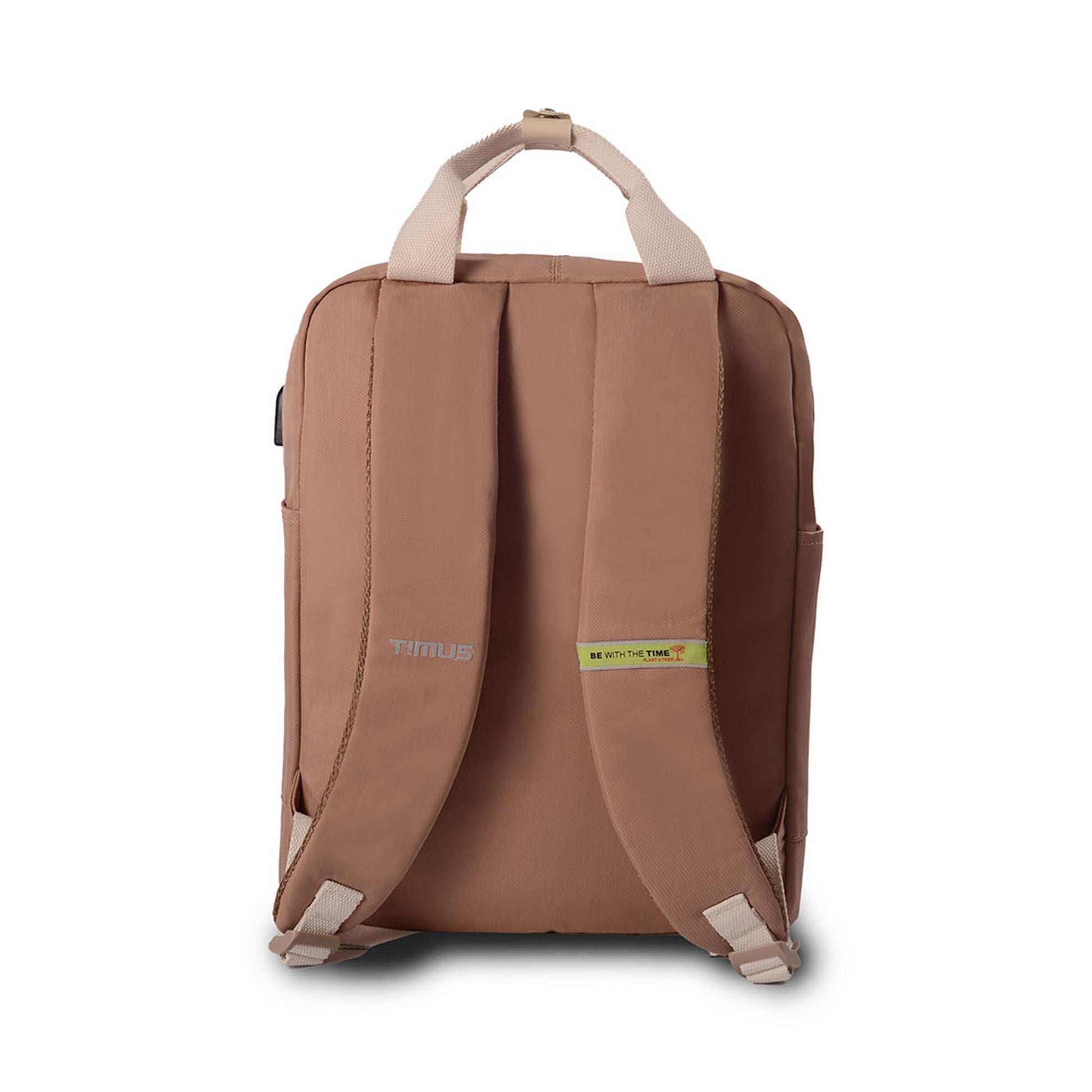 Backside view of Timus Miami backpack in mint and brown with padded shoulder straps, beige carrying handle, and a visible green label on the straps reading "Be With the Time." and brand logo on another.