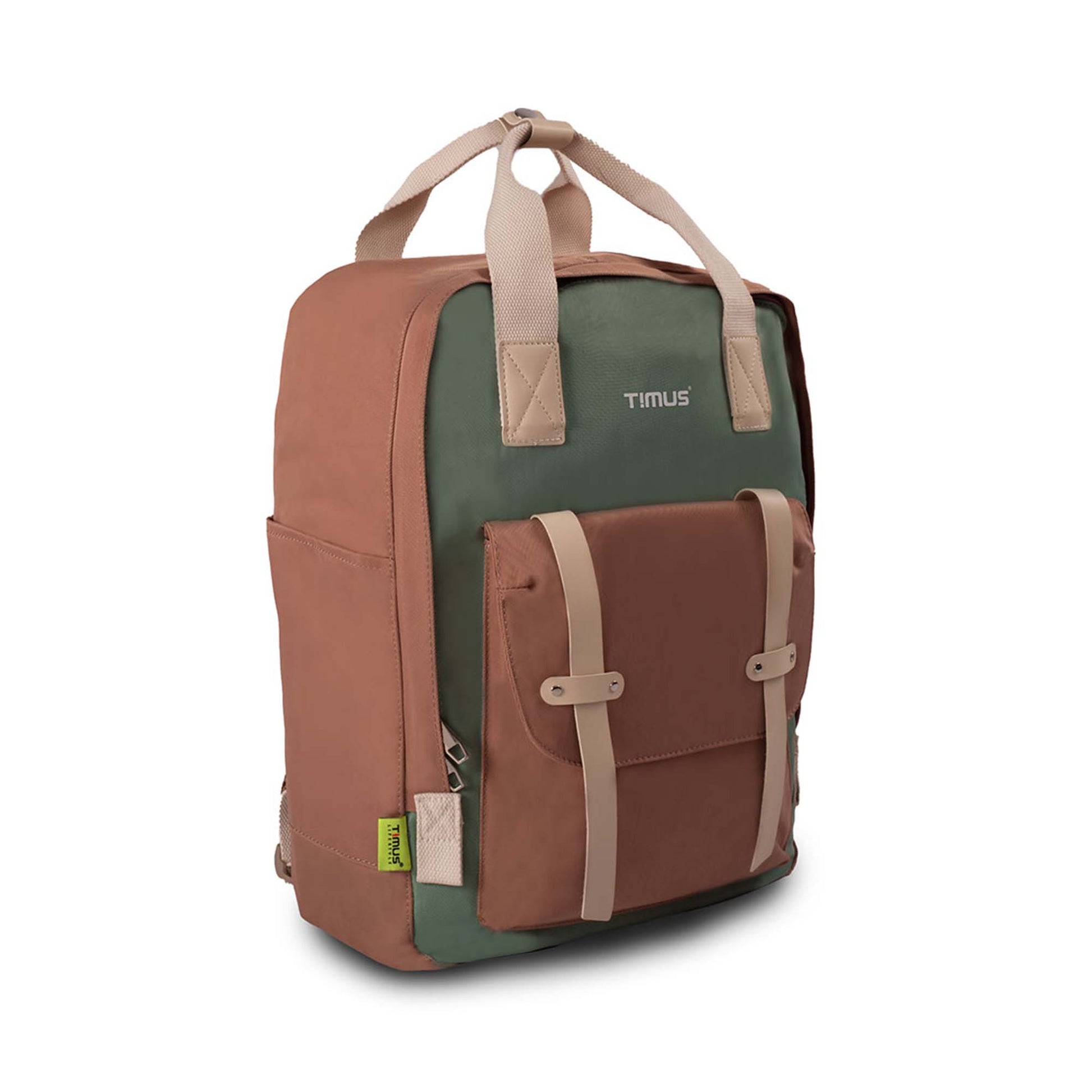 Right front angled view of Timus Miami urban backpack in mint green and brown, with top handles, front pocket with buckle straps, side pocket, and Timus logo on the front panel.
