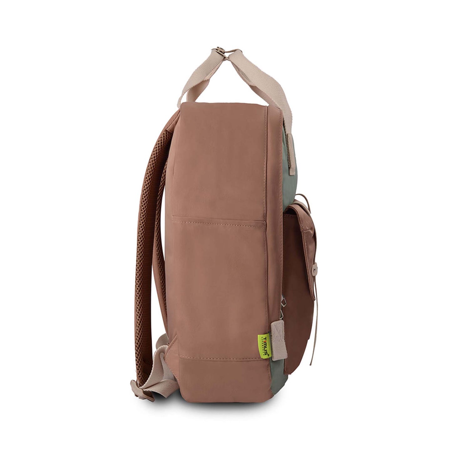 Right side view of Timus Miami backpack in mint green and brown, showing beige top carrying handle, brown padded shoulder straps, side pocket, and green Timus brand tag near the base.
