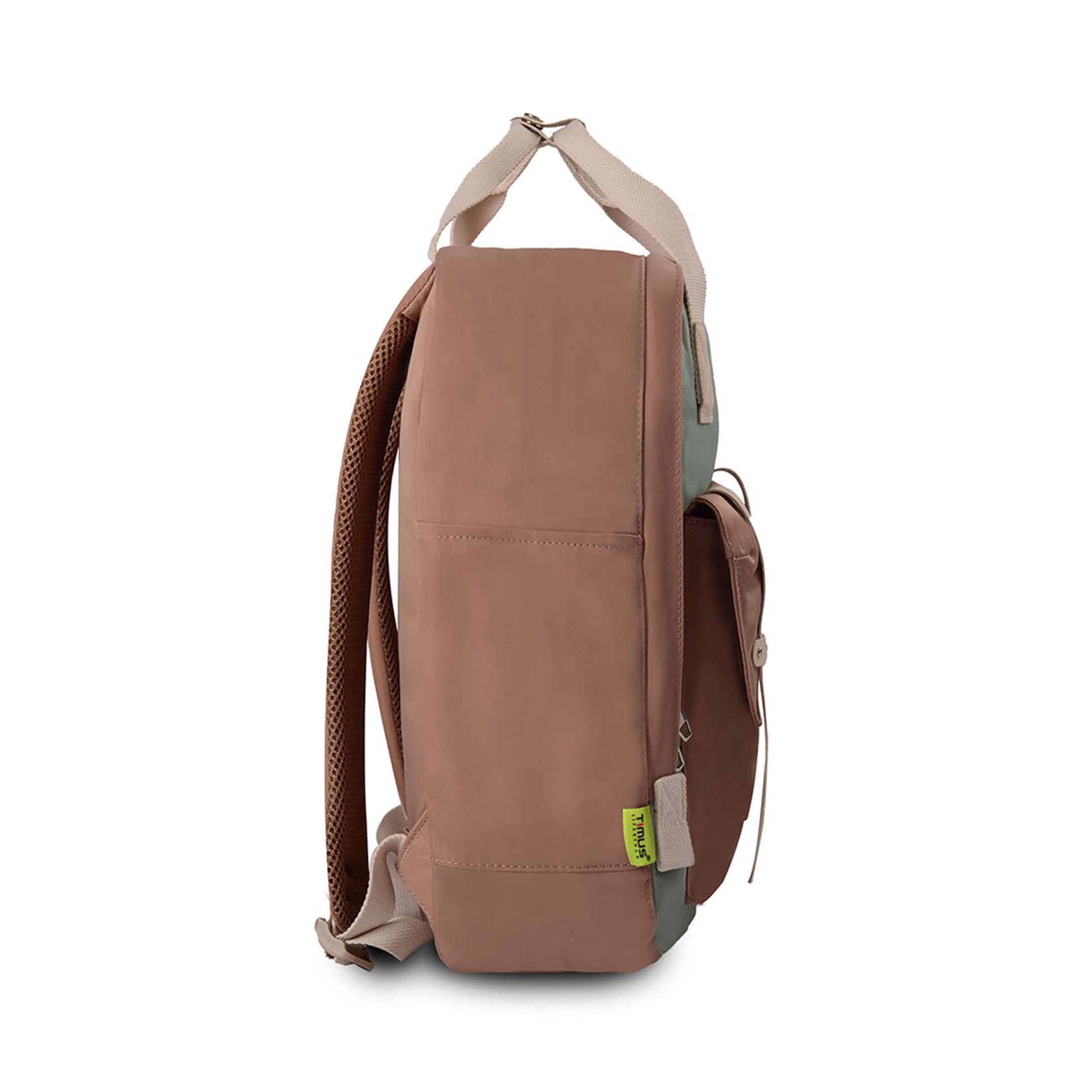 Right side view of Timus Miami backpack in mint green and brown, showing beige top carrying handle, brown padded shoulder straps, side pocket, and green Timus brand tag near the base.