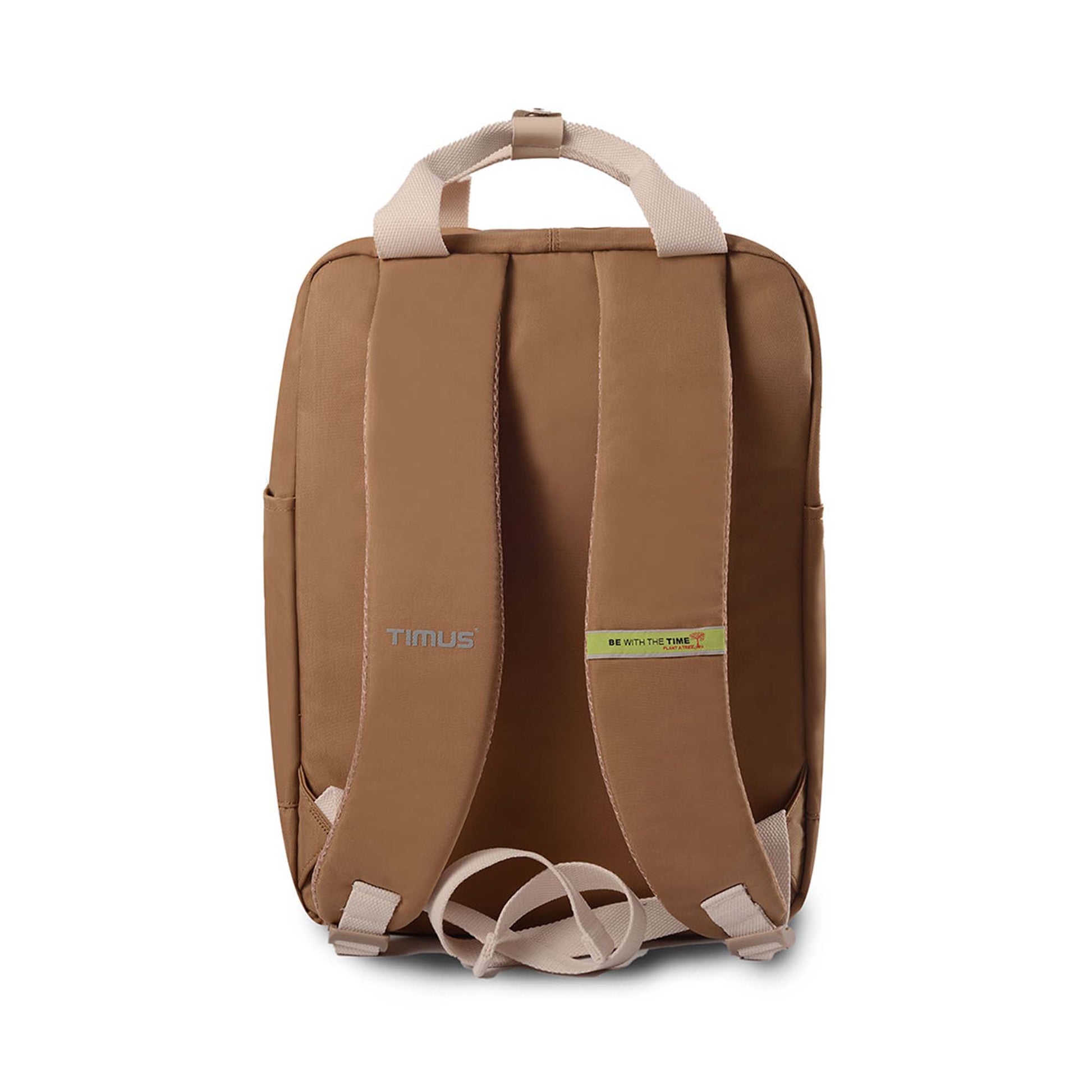 Backside view of the Timus Miami yellow urban backpack showing padded shoulder straps with Timus logo and brand tagline on the right strap.
