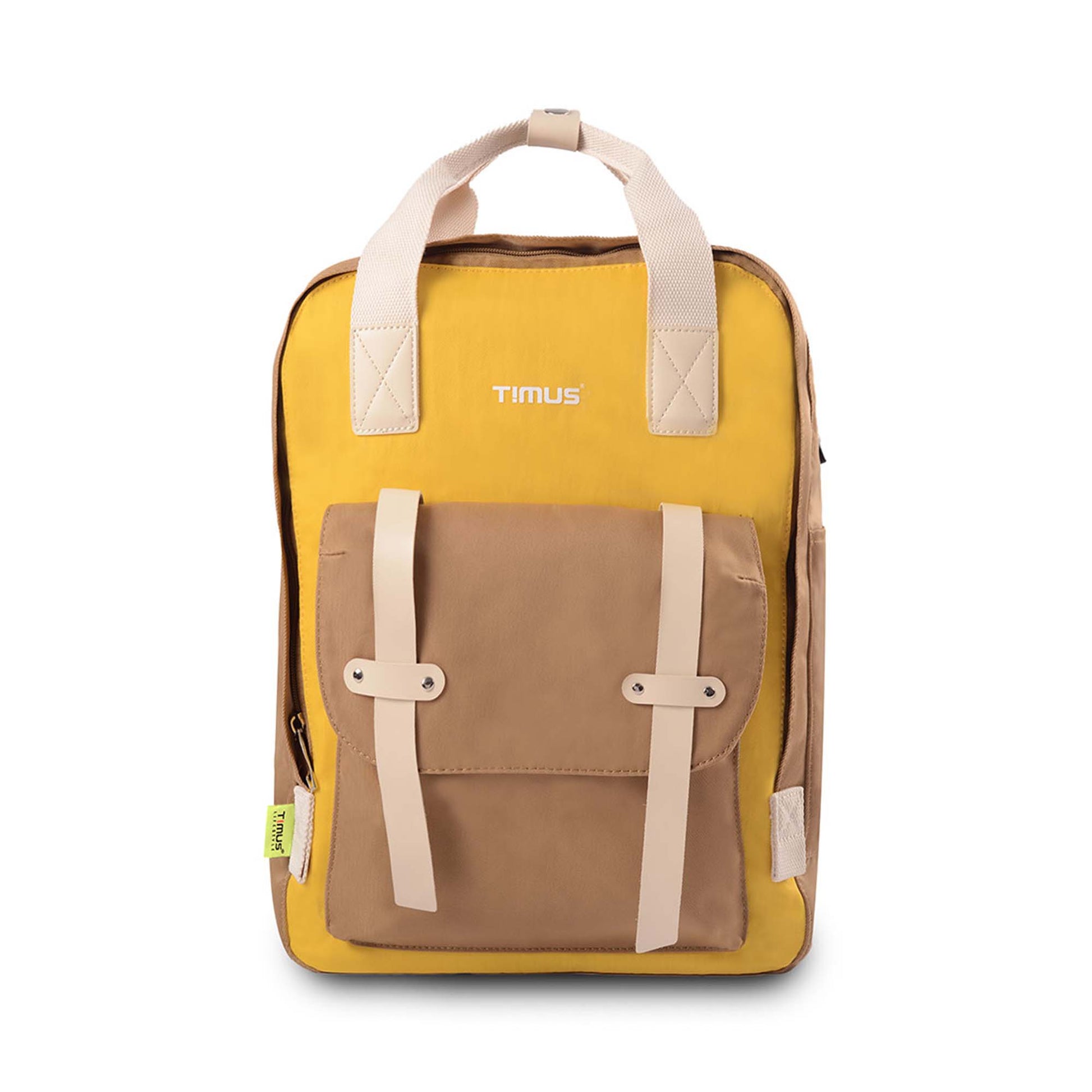 Front view of the Timus Miami yellow urban backpack featuring a brown front flap pocket, beige straps, and visible Timus brand logo on the upper section.