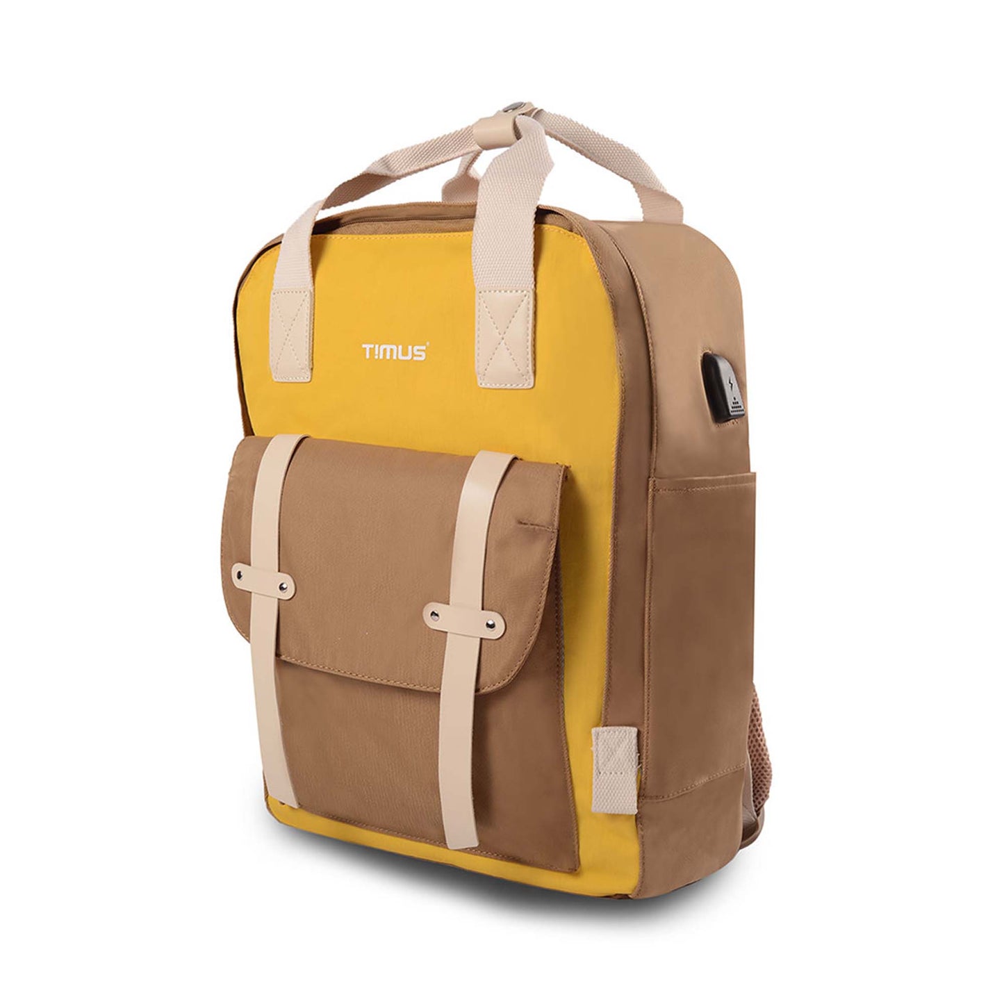 Left front angled view of the Timus Miami yellow urban backpack featuring a brown front pocket, built-in USB charging port, handle, and durable dual-tone fabric design with side pocket.
