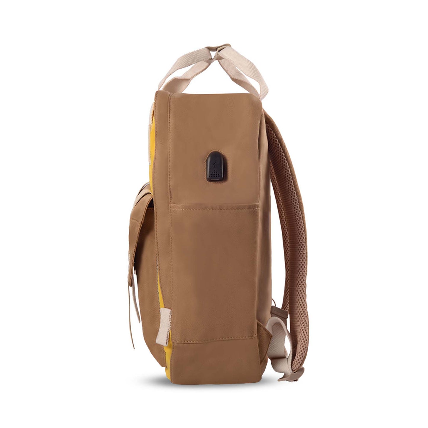 Left side view of the Timus Miami yellow urban backpack featuring a side pocket, built-in USB charging port, and padded shoulder straps.
