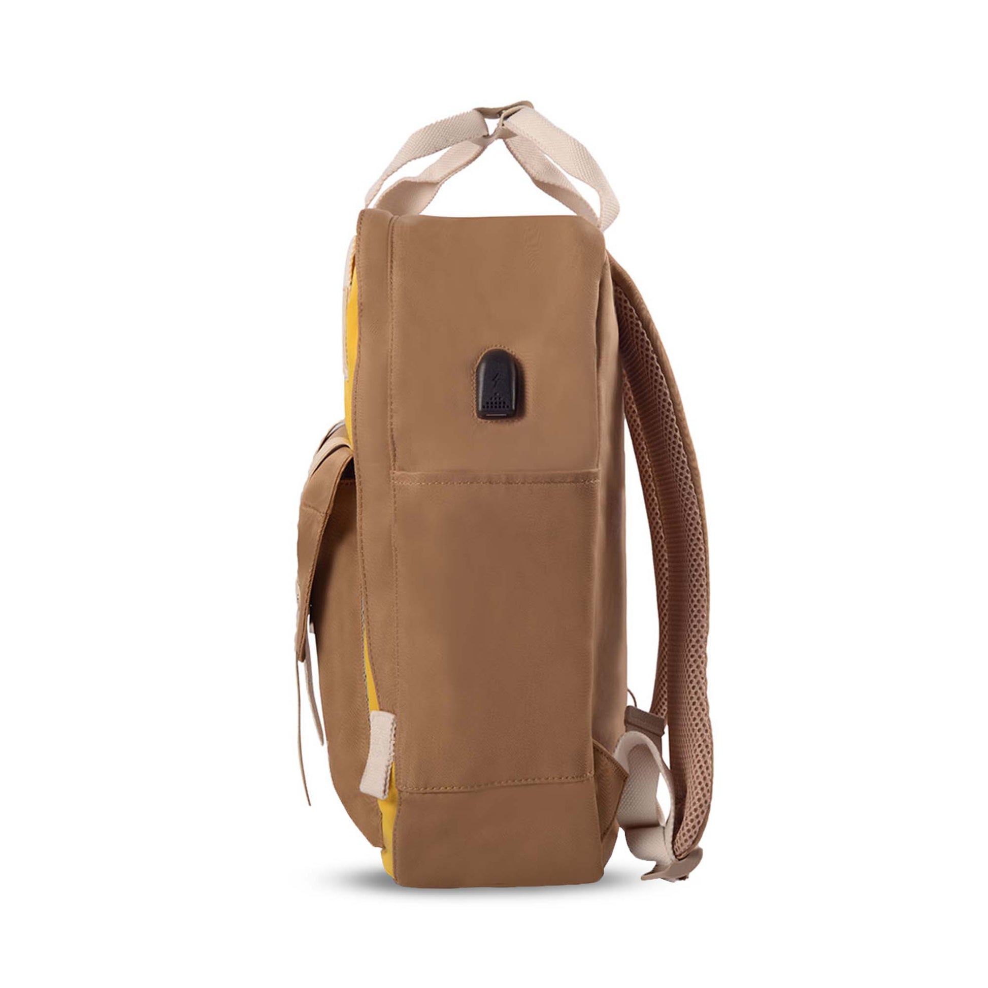 Left side view of the Timus Miami yellow urban backpack featuring a side pocket, built-in USB charging port, and padded shoulder straps.
