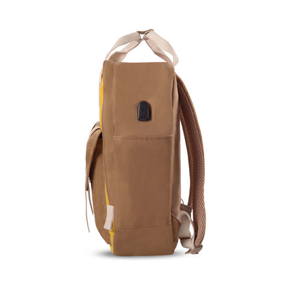 Left side view of the Timus Miami yellow urban backpack featuring a side pocket, built-in USB charging port, and padded shoulder straps.
