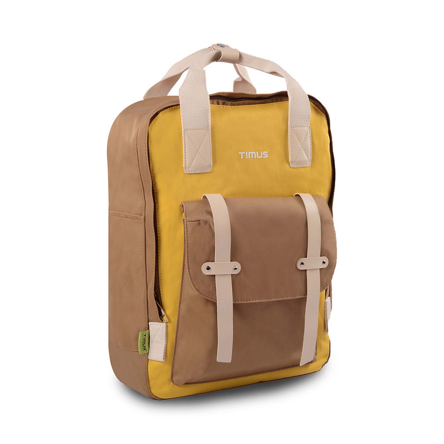 Right front angled view of the Timus Miami yellow urban backpack featuring a brown front flap pocket with beige straps, handle for carrying, visible zipper for the main compartment, side pocket, and Timus logo on the front
