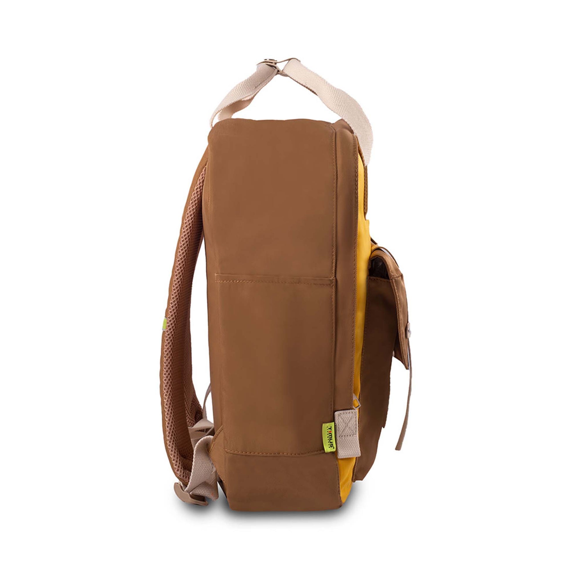 Right side view of the Timus Miami yellow urban backpack showing padded shoulder straps, handle for carrying, side panel, and green Timus brand tag.