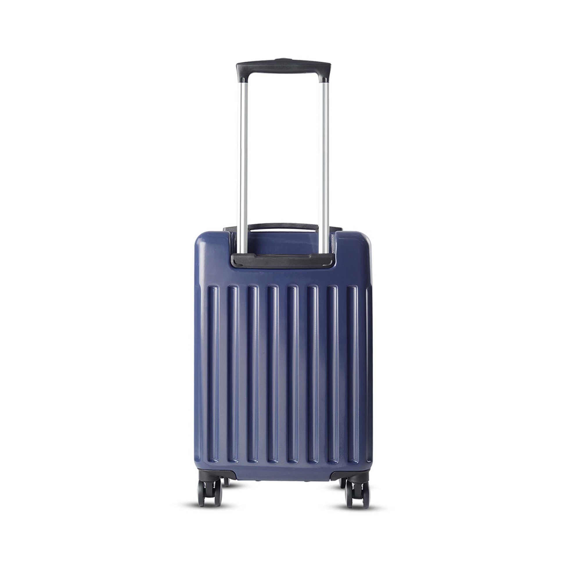 Back side view of Timus Neolite navy blue hard shell cabin trolley luggage with extended telescopic handle and 360-degree double spinner wheels on a white background