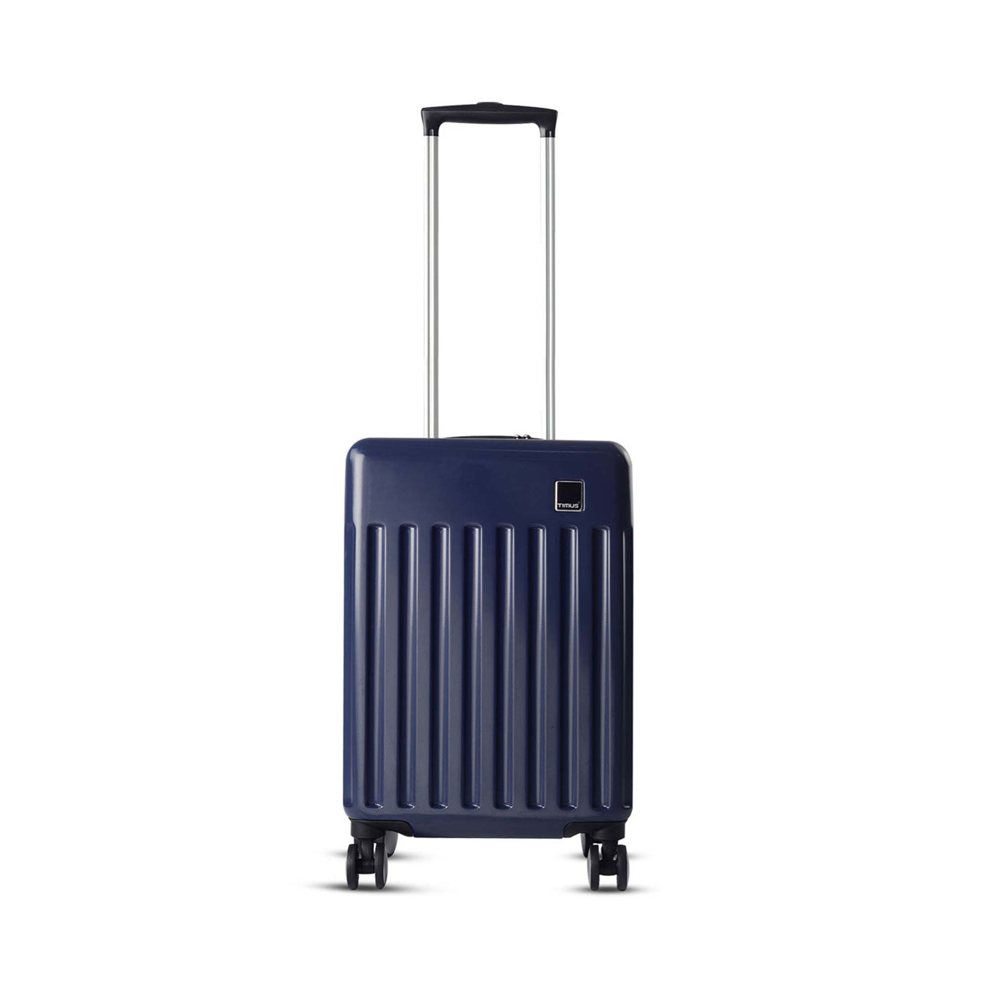 Front side view of Timus Neolite navy blue hard shell cabin trolley luggage with visible Timus brand logo, vertical ribbed texture, extended telescopic handle, and 360° double spinner wheels on a white background.
