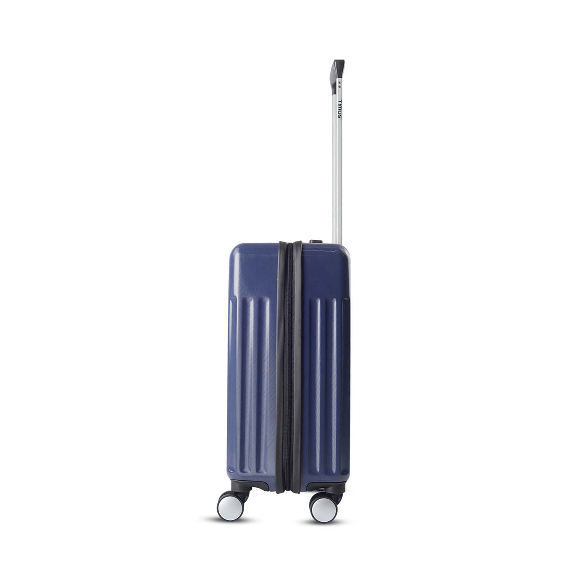 Left side view of Timus Neolite navy blue hard shell cabin trolley luggage with extended telescopic handle and double spinner wheels on a white background