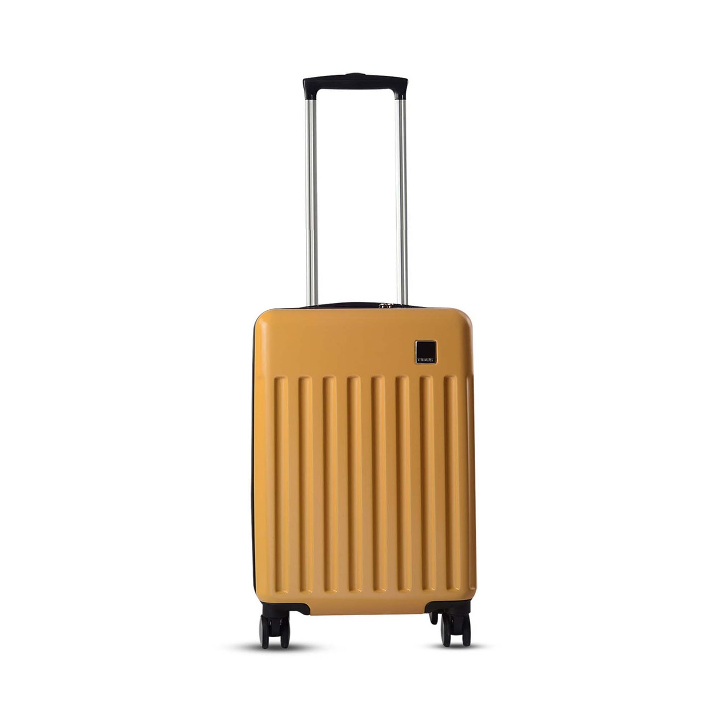 Front side view of Timus Neolite yellow hard shell cabin trolley luggage with visible Timus brand logo, vertical ribbed texture, extended telescopic handle, and 360° double spinner wheels on a white background.