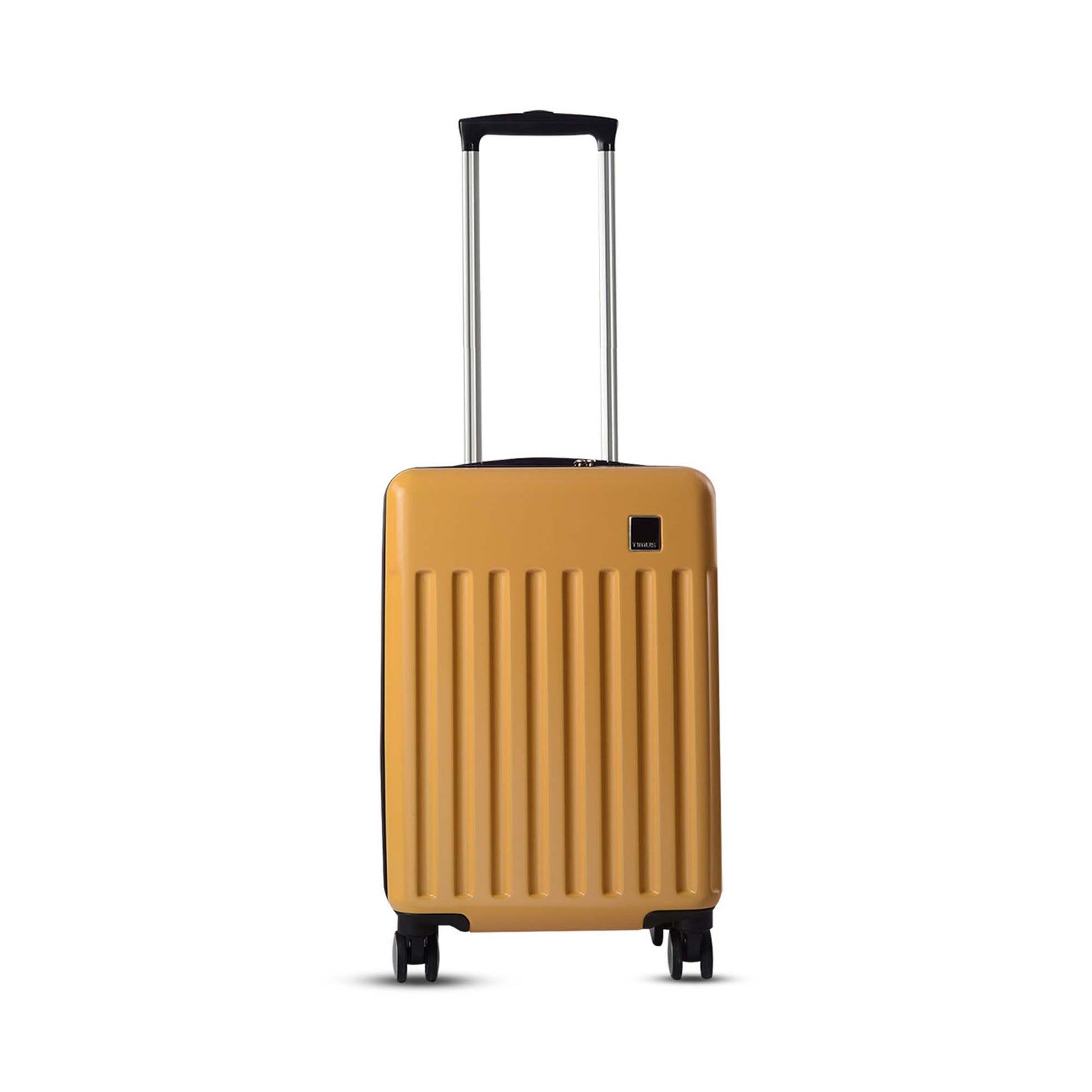 Front side view of Timus Neolite yellow hard shell cabin trolley luggage with visible Timus brand logo, vertical ribbed texture, extended telescopic handle, and 360° double spinner wheels on a white background.