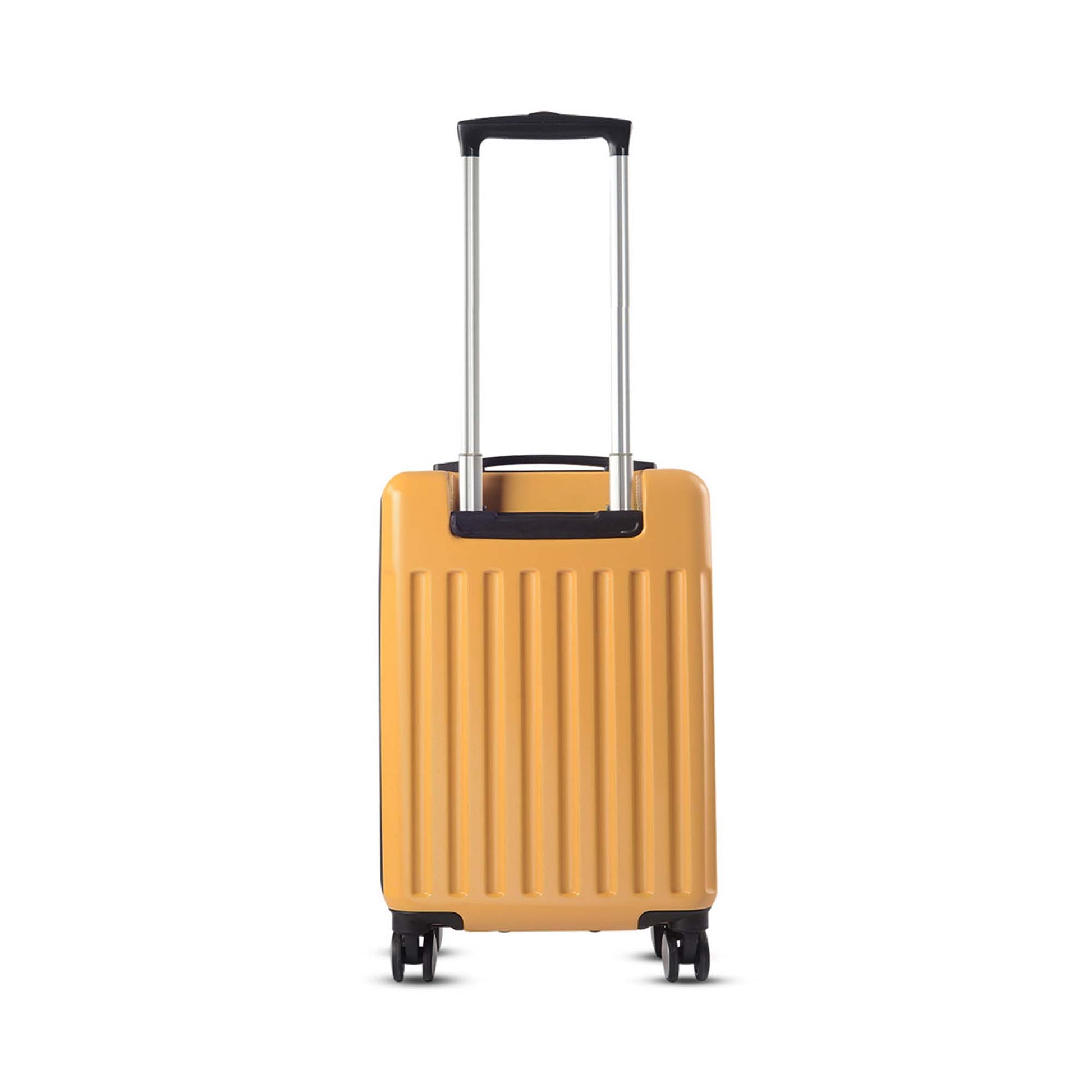 Backside view of Timus Neolite yellow hard shell cabin trolley luggage with extended telescopic handle and double spinner wheels on a white background.