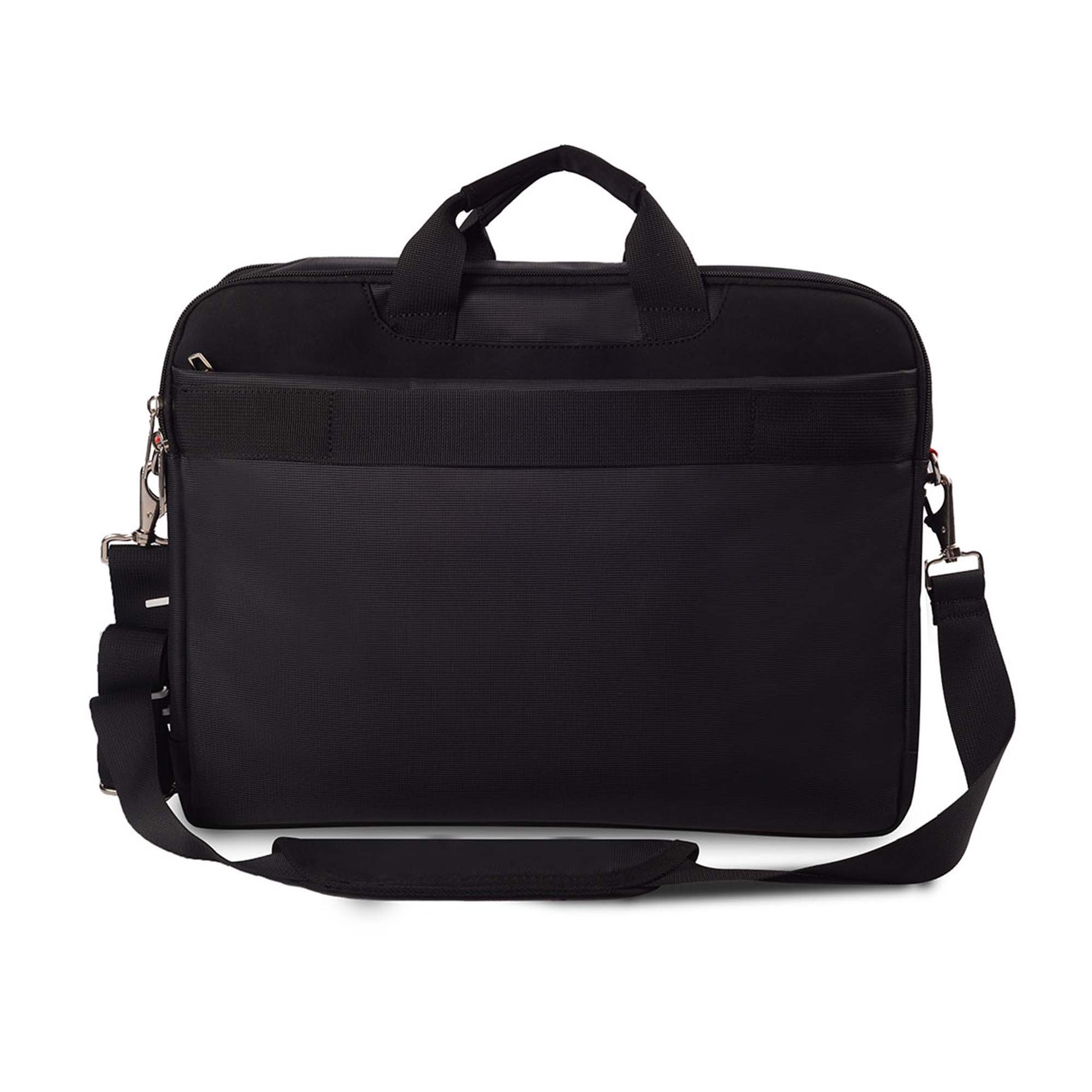 Back view of black Timus New York laptop carry-on bag with shoulder strap attached and luggage sleeve on a white background.