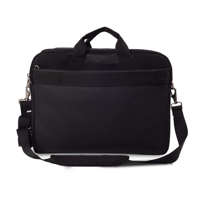Back view of black Timus New York laptop carry-on bag with shoulder strap attached and luggage sleeve on a white background.